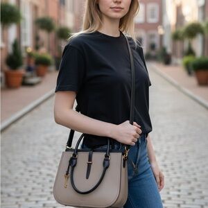 Fossil Ryder Colorblock Leather Satchel Crossbody Bag Taupe Black